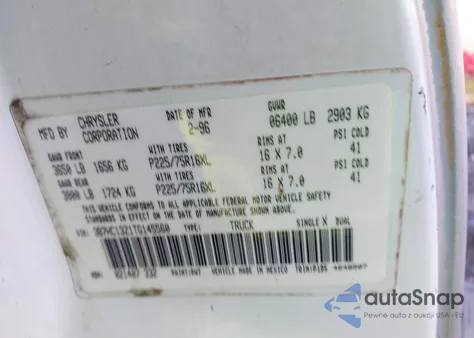 1996 Dodge Ram 1500 from USA, damaged, VIN 3B7HC13Z1TG145560